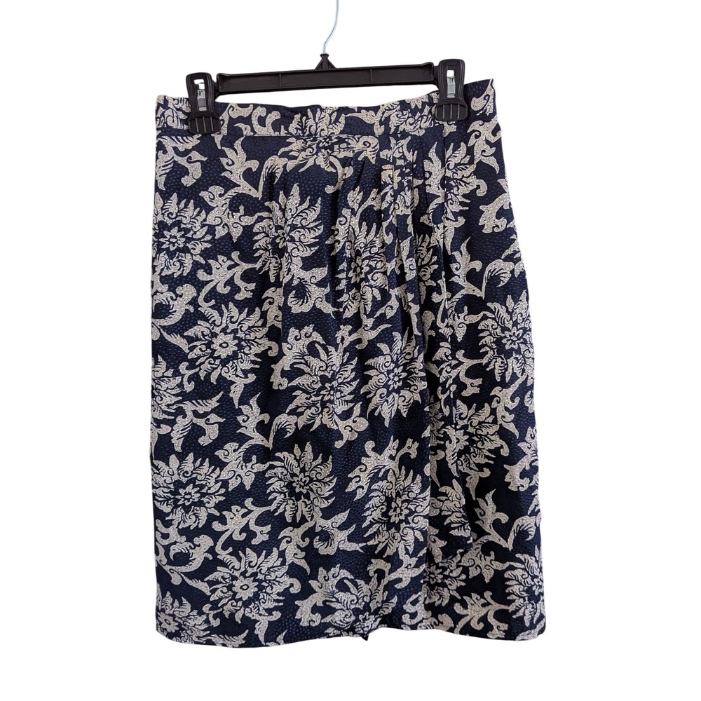 Carlisle 90s Vintage 100% Silk Floral Pleated Skirt Navy Blue Cream Size 10
